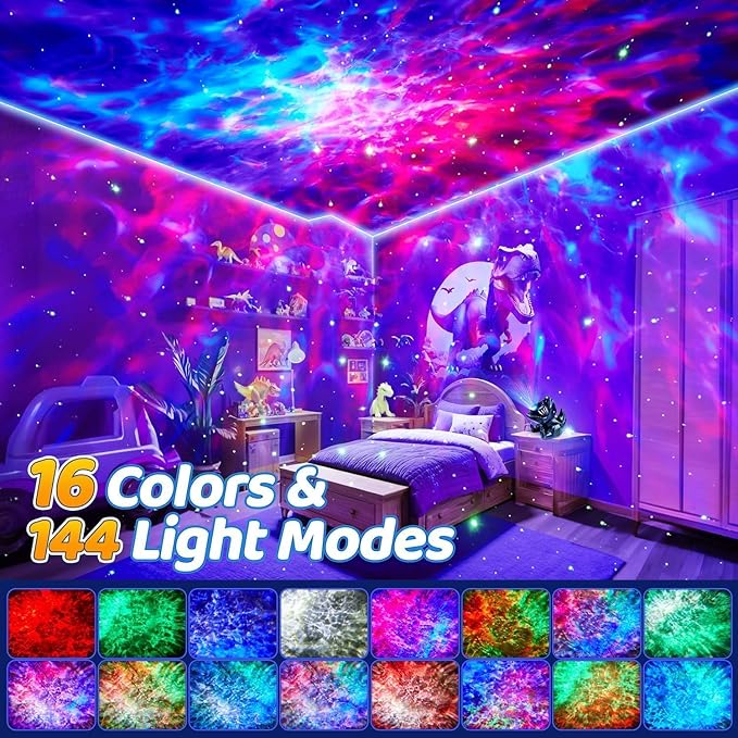 PIKOY Dinosaur Night Light & Sound Machine Baby | 22 White Noises+18 RGB Colors Galaxy Light Projector & Soothing Music | Bluetooth Speaker+Remote+Timer White Noise Machine | Dinosaur Gifts for Boys