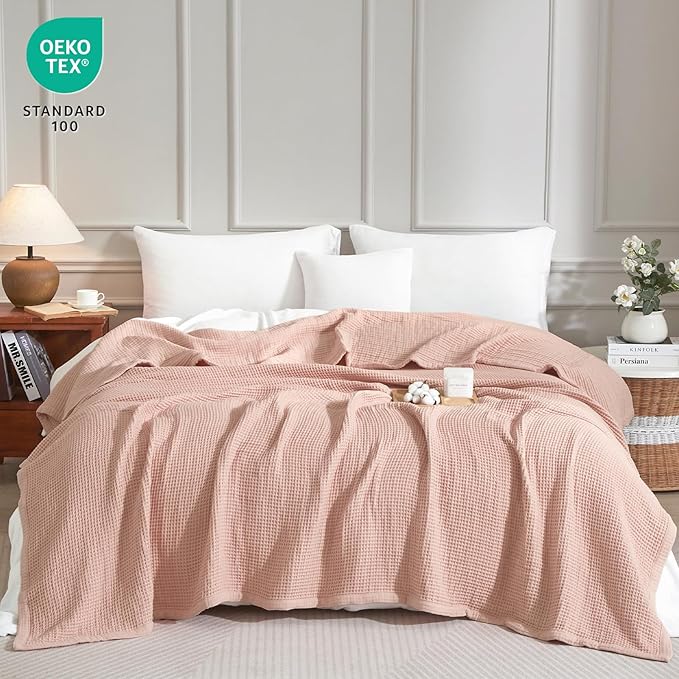 PHF 100% Cotton Waffle & Muslin Blanket Twin Size, Soft Breathable Luxury 400GSM Versatile Reversible Bedding for Bed, Great for Layering in Cold Weather, Home Decor Gift, 66" x 90", Rose Smoke