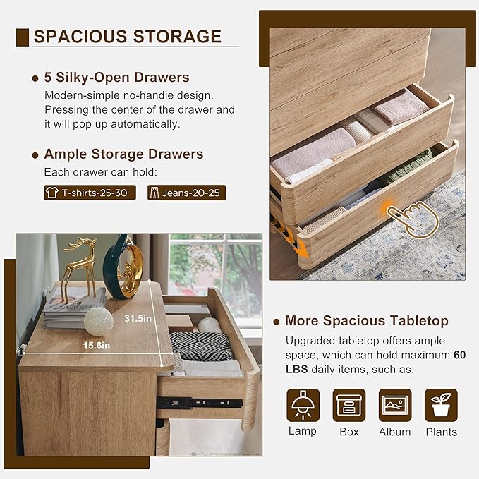 ACCOHOHO Modern 5 Drawer Dresser for Bedroom, 42" Tall Wooden Dressers with Large Storage,Handleless Chest of Drawers for Living Room & Hallway, Curved Profile Design, Natural Oak