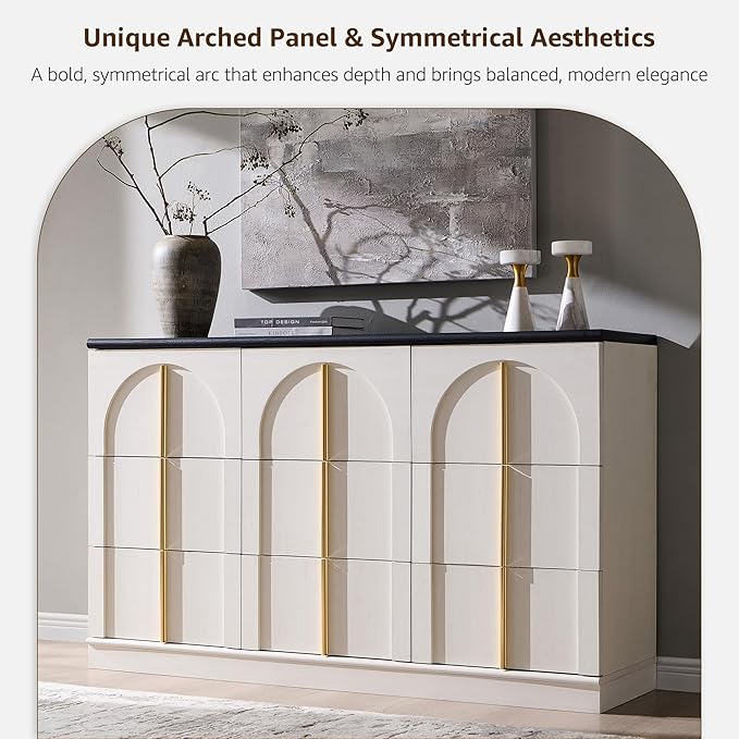 ACCOHOHO Arched Dresser for Bedroom with 9 Drawers, 52" Wide Modern Chest of Drawers with Rounded Edge & Metal Handles, Wood Storage Closet Dressers TV Stand for Living Room, Hallway, White