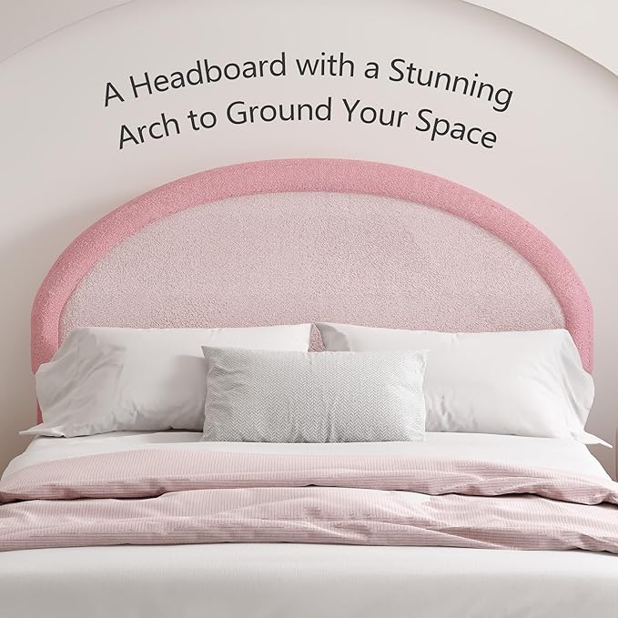 Full Size Bed Frame, Boucle Upholstered Platform Bed Frame with Headboard, Pink Bed Frame, Soft Rounded Corners, No Box Spring Required, Easy Assembly
