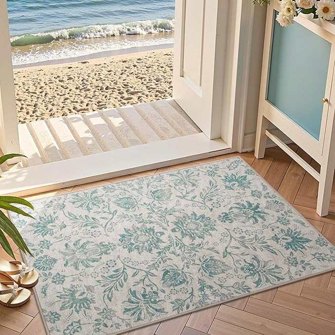 jinchan Torino 2x3 Washable Rugs for Entryway Vintage-Inspired Floral Design Non-Slip Low-Pile Doormat Ultra-Thin Indoor Traditional Accent Carpet for Entrance Kitchen Bathroom Bedroom