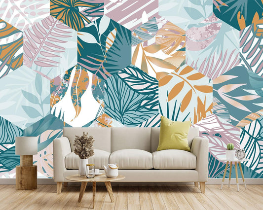 -Abstract Geometry Botanical Banana Leaf Fabric Wallpaper Living Room Bedroom Bathroom Tropical Plant Leaf Large Wall Mural- 137"x96"（ not Peel and Stick）