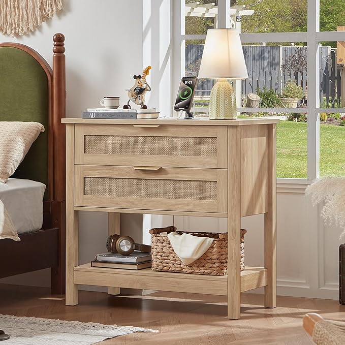 LEYAOYAO 31.5" Wide Rattan Night Stand with Charger Station, Oversized Large Boho Nightstand with 2 Drawer, Natural Wood Bed Side End Tables, Tall Bedside Table for Bedroom Living Room, Hallway