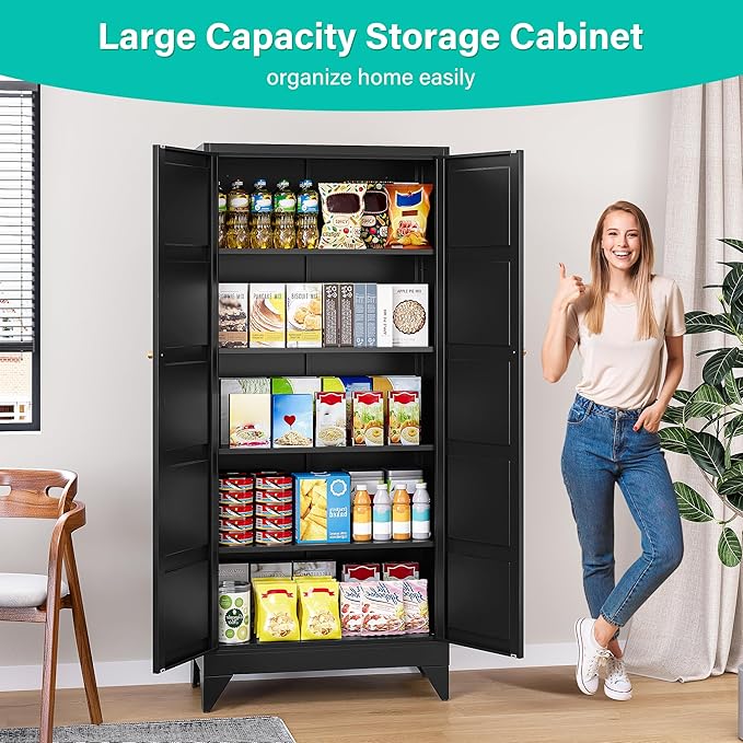 SISESOL Wide & Deep Metal Storage Cabinets with 2 Doors and 5 Shelves,Tall Storage Cabinet,Large Cupboard Closet,Pantry Storage Cabinet for Home,Kitchen,Dining/Living Room (Black, 72" H)