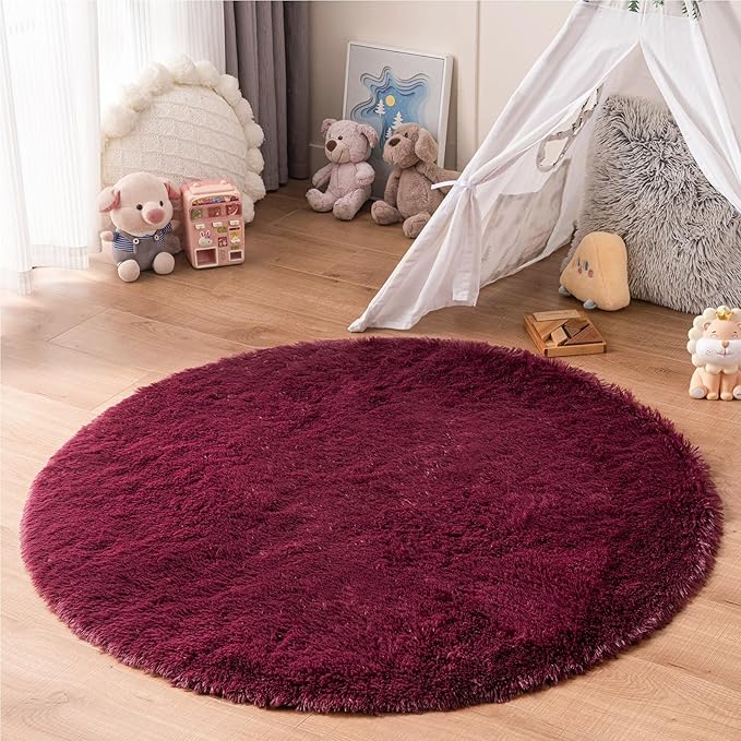duduta Burgundy Plush Round Rug 4x4 ft, Fluffy Shag Rugs for Bedroom Classroom Nursery Playroom Dorm Decor, Washable Non Slip