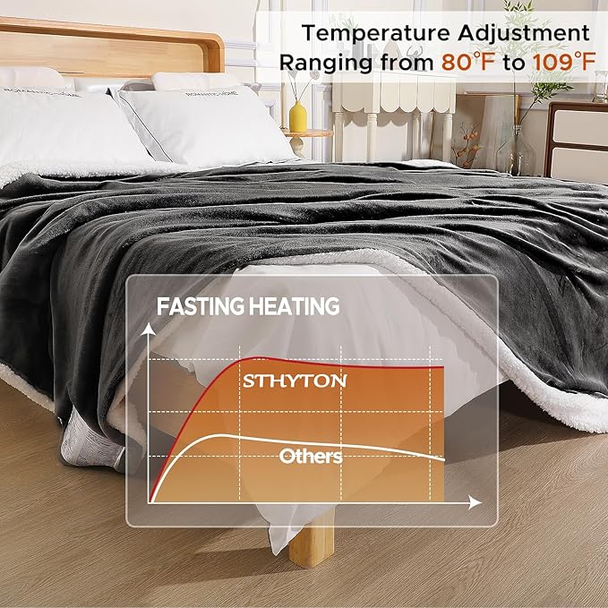 Electric Heated Blanket Throw 50"x60" - Soft Cozy Flannel & Sherpa Fabric Dual-Sided, 9 Heat Settings & 2-10 Hours Auto Off, Warming Heated Throw for Home Office, Machine Washable, Dark Gray