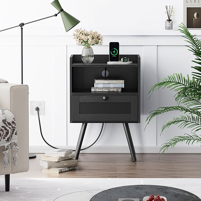 SUPERJARE Nightstands with Charging Station, Bedside Table Set of 2 with Texilene Surface Drawers, Rattan Side Table with Storage & Solid Wood Feet, End Table for Bedroom, All Black
