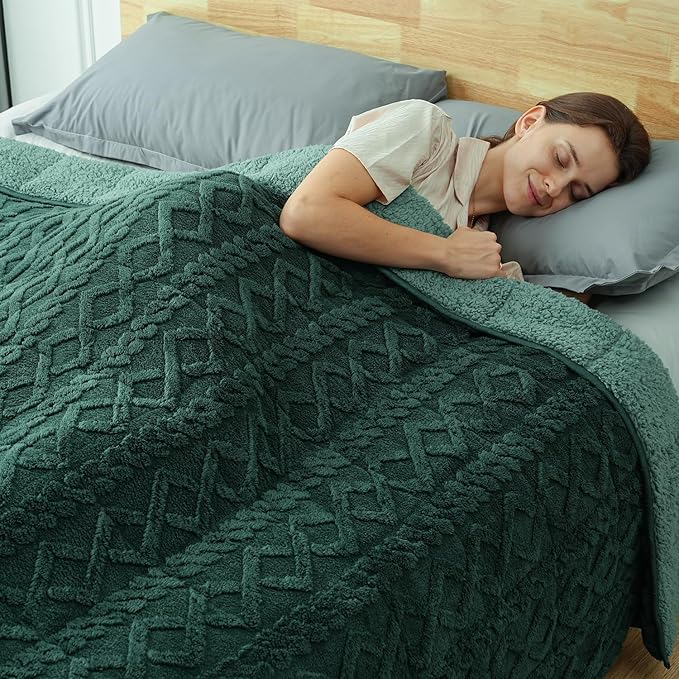 Sherpa Fleece Adult Weighted Blanket Great for Sleep, 15 lbs Dual Sided Soft Fuzzy Heavy Blankets for Couch Bed Sofa, Cozy Warm Fluffy Jacquard Throw for Winter (Green, 60" x 80", 15 Pounds)