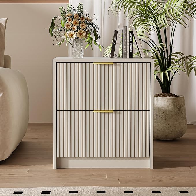 Set of 2 Fluted Nightstand with 2 Drawers, Modern Storage Bedside Table with Golden Metal Handles, Wooden End Table for Bedroom, Beige