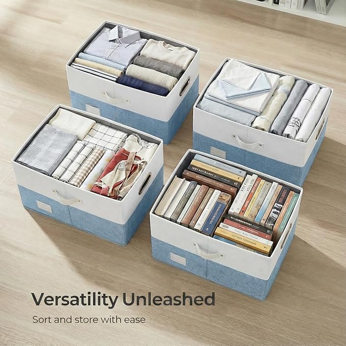 PRANDOM Collapsible Storage Bins with Lids [3-Pack] Linen Fabric Foldable Storage Boxes Organizer Containers Baskets Cubes with Cover for Bedroom Closet Nursery Blue&White (23.4X15.9X11.4)