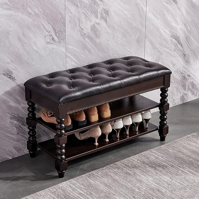 Shoe Storage Bench with Cushion, Entry Bench with Storage Solid Wood Shoe Bench Ideal for Entryway Living Room and Corridor (Walnut 31.5'')