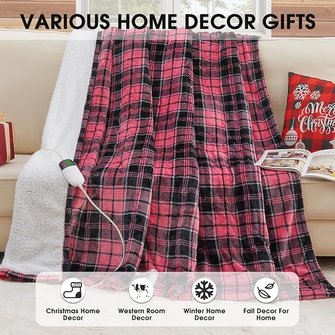Pink Heated Blanket Electric Full Size,72X84 Heating Blanket with 10 Heats Levels&8 Hours Auto Off&Timer,Plaid Soft Sherpa Pink Blankets Warmer Gift for Grandma Women Adult,Fast Heating Washable