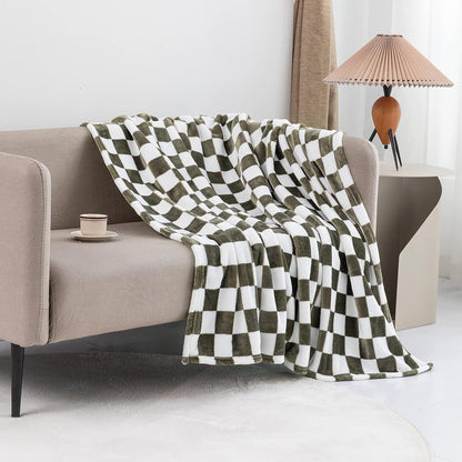 LOMAO Throw Blankets Flannel Blanket with Checkerboard Grid Pattern Soft Throw Blanket for Couch, Bed, Sofa Luxurious Warm and Cozy for All Seasons (Dark Olive, 90"x90")