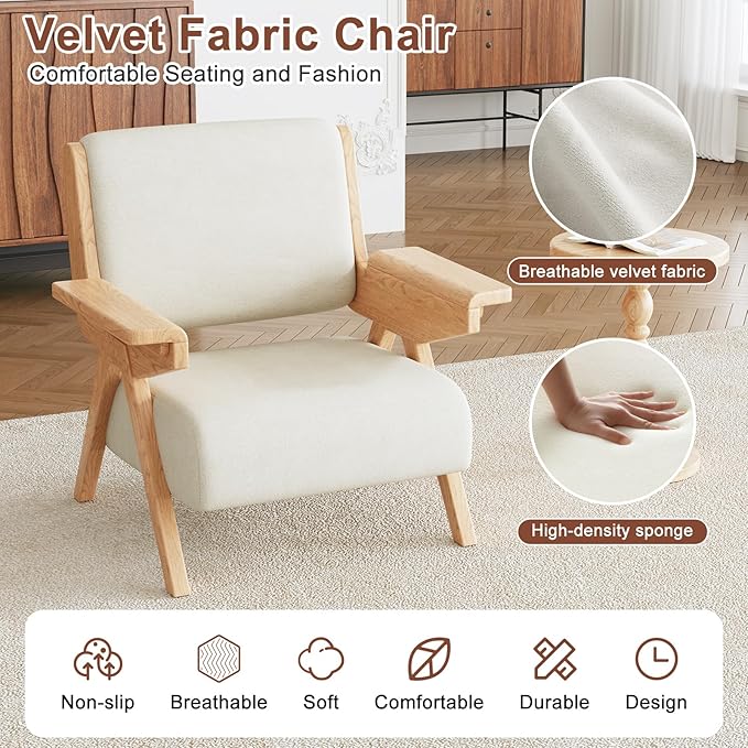 Accent Chair Mid Century Modern Chair, Velvet Upholstered Lounge Arm Chair with Solid Wood, Cozy Reading Chair for Living Room, Bedroom, Balcony(White)