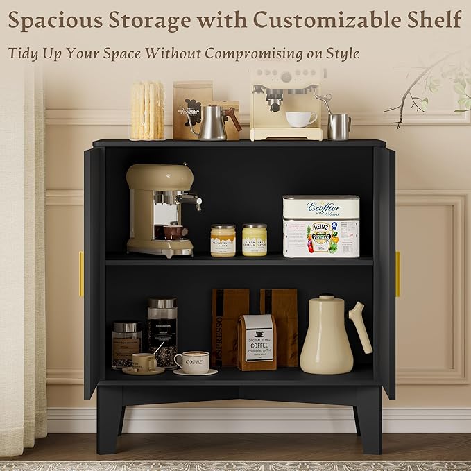 Storage Cabinet with Doors and Adjustable Shelf, Modern Fluted Sideboard Buffet Cabinet, Freestanding Coffee Bar for Kitchen, Pantry, Entryway, Living Room (Black)