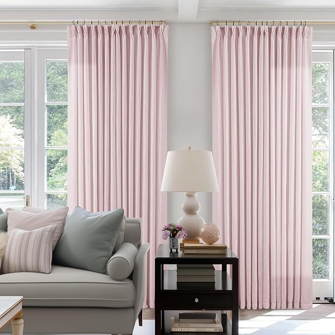 Dusty Pink Linen Pinch Pleated Curtains 90 Inch Length 2 Panels for Girls Bedroom Nursery Kids Soft Thick Linen Window Curtains 90 Inches Long Semi Sheer Light Filtering for Living Room Blush Pink