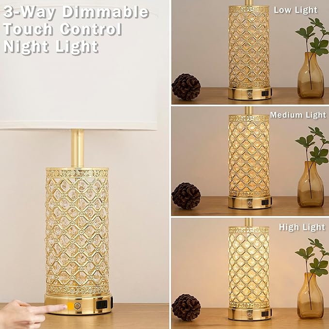 Crystal Table Lamps Modern 3-Way Dimmable Bedside Lamp with 2 USB Ports & AC Outlets for Living Room Bedroom Nightstand Lamp Night Light (Gold- 1 Pack 24In)