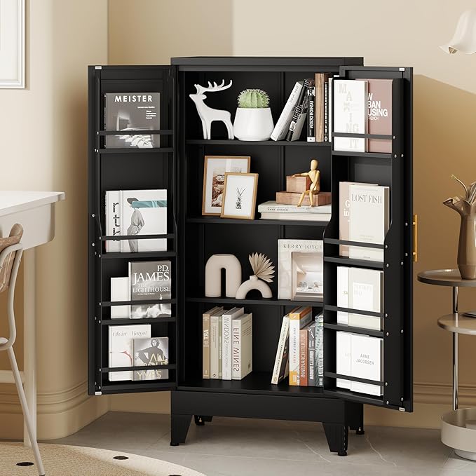 47" Kitchen Pantry Cabinet, Metal Storage Cabinet with 3 Adjustable Layer Shelves, 8 Door Shelves, Buffet Sideboard for Living Room, Kitchen, Black