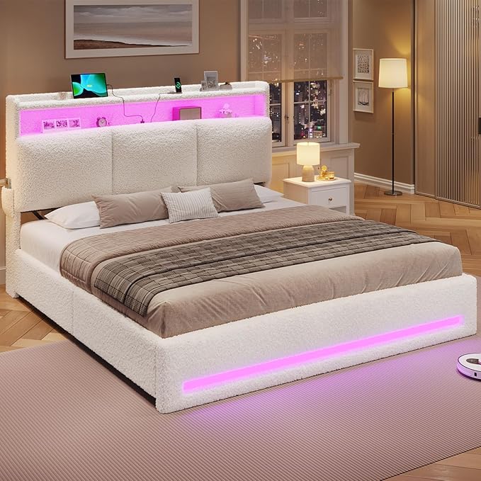 VIAGDO King Bed Frame with Storage Headboard and Charging Station, Boucle Upholstered Bed Frame King Size with 4 Drawers and LED Lights, Type C and USB, No Box Spring Needed, Cream White