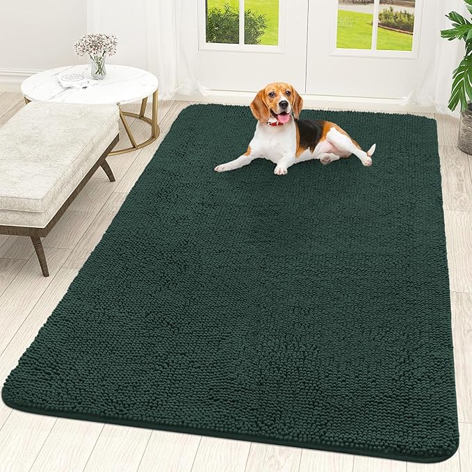 OLANLY Dog Door Mat for Muddy Paws 70x46, Absorbs Moisture and Dirt, Absorbent Non-Slip Washable Doormat, Quick Dry Chenille Mud Mat, Entry Indoor Entryway Carpet for Inside Floor, Blackish Green