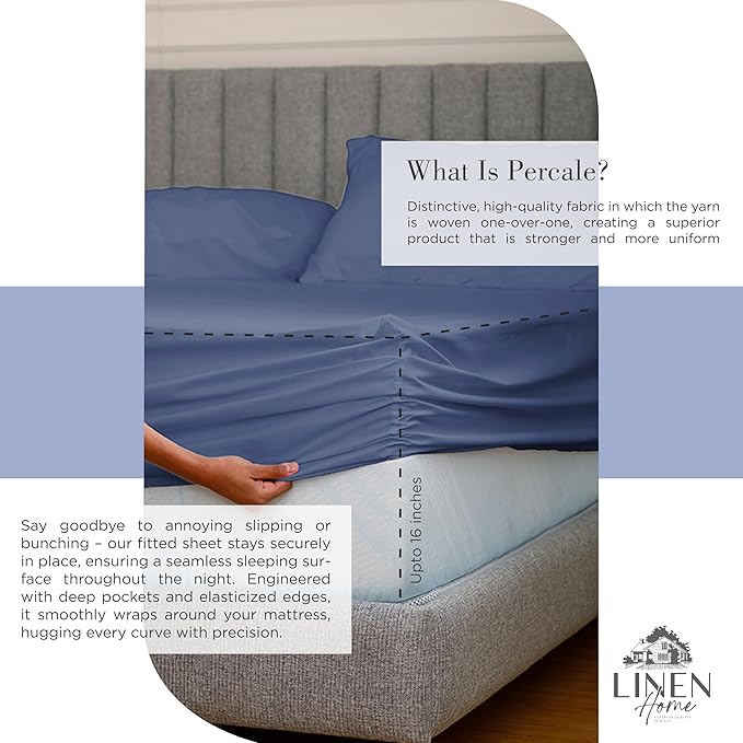 Linen Home 100% Cotton Percale Sheets California King Size,Dark Blue, Deep Pocket, 4 Pieces Set - 1 Flat, 1 Deep Pocket Fitted Sheet and 2 Pillowcases, Crisp Cool and Strong Bed Linen