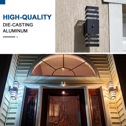 2PK Dusk to Dawn Sensor Outdoor Wall Lights Up Down Porch Lights Modern Exterior Light Fixtures Photocell Waterproof Black Aluminum Housing for Front Porch, Patio, Garage (Use Two E26 Bulbs)