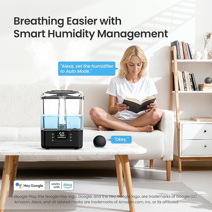 Smart Humidifiers for Bedroom Home, 6L Cool Mist Top Fill Humidifier Large Room with Essential Oil Diffuser, Touch/APP/Voice Control, NightLight Humidifiers for Nursery & Plants (Black, 1Pack)