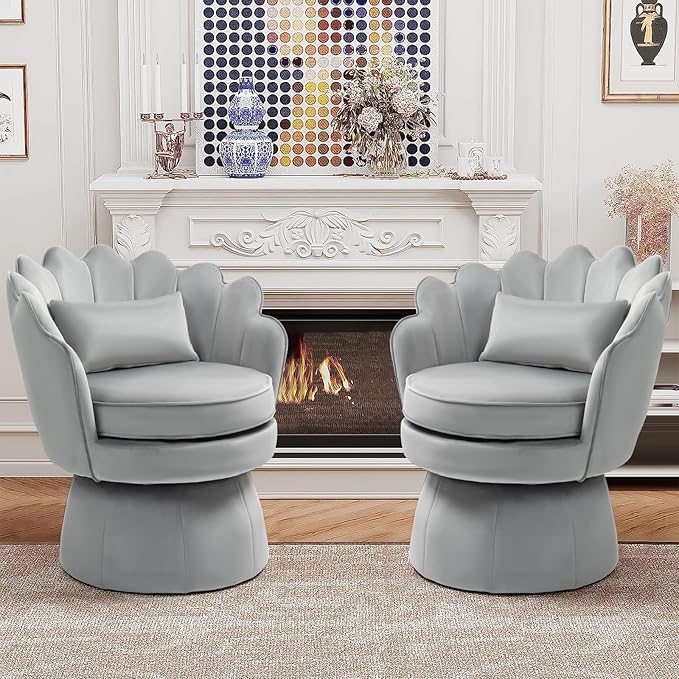 360° Swivel Accent Chair, Mid-Century Modern Velvet Barrel Chair, Comfy Shell Shape Arm Chair with Lumbar Pillow for Living Room, Bedroom, Office, Grey