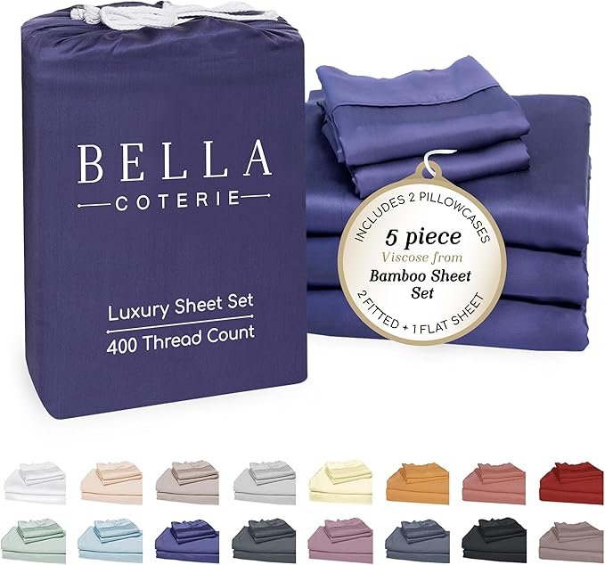 Bella Coterie Luxury Bamboo Viscose Split King Size Sheet Set | 2 Fitted Sheets for Sleep Number & Adjustable Beds | 100% Organically Grown | Cooling & Ultra Soft | 18” Deep Pocket [Twilight Blue]