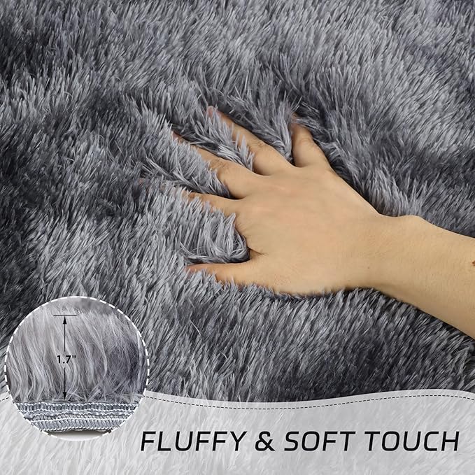 duduta Grey Plush Rugs for Bedroom 3x5 ft, Tie Dye Fluffy Gray Shag Rug for Dorm Nursery Bedside, Machine Washable Non Slip