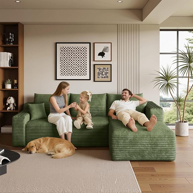 96" Sectional Couches for Living Room Modern Modular Sofa with L-Shape Couchs Upholstered Boneless Couch Deep Seat Sectional Couch with Chaise (Green, 96" Right Facing Chaise+2Seaters)
