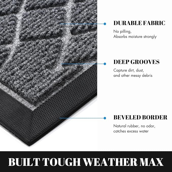 Yimobra Large Door Mat 36x24, All-Season Waterproof Doormat Outdoor Entrance, Heavy Duty Non-Slip Outside Door Mat for Garage Patio Proch Entryway Indoor, Easy Clean, Black Gray