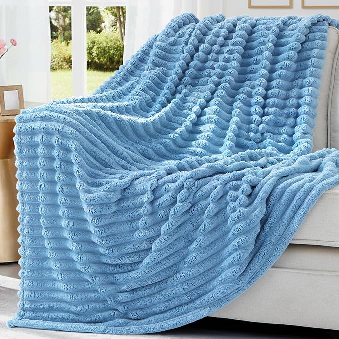decorUhome Christmas Soft Fleece Blue Throw Blanket for Couch, Cozy Fluffy Plush Flannel Striped Blanket for Sofa Bed, Lightweight Decorative Ribbed Fuzzy Blanket for Woman, 50x60 Inches