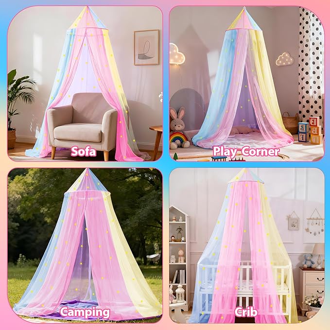 Rainbow Bed Canopy for Girls with Glowing Stars, Colorful Princess Canopy Bed Curtains for Twin, Full, and Queen Sizes,Mosquito Netting for Baby Crib,Ceiling Tent for Kids Bedroom Decor