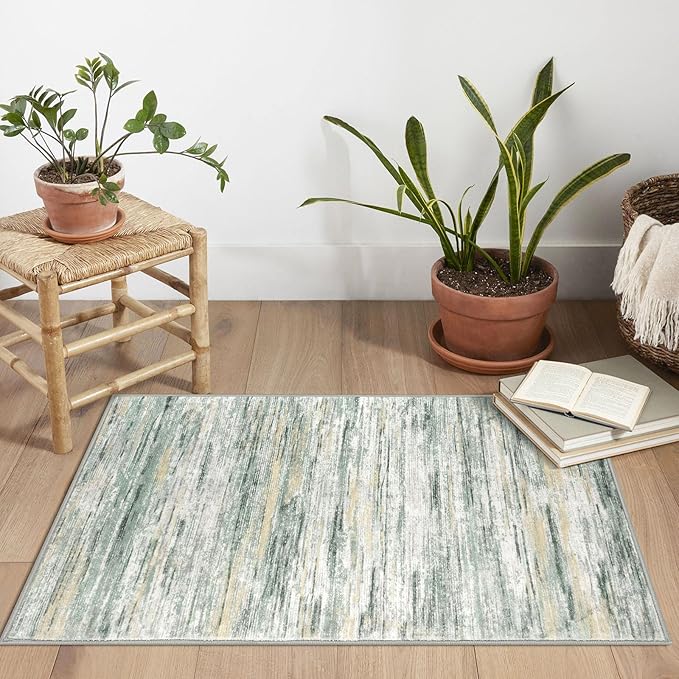 2x3 Modern Abstract Rug for Entryway, Green Yellow Super Soft Small Area Rug, Washable Non-Slip Kitchen Rugs, Low-Pile Mat for Bedside, Indoor Door Mat