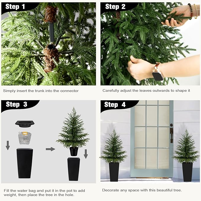 2 Pack 4FT Artificial Norfolk Pine Trees, Real Feel Faux Christmas Tree with Square Black Pot, Pet Safe PPC Material, Indoor Outdoor Plants for Front Porch, Living Room Decor