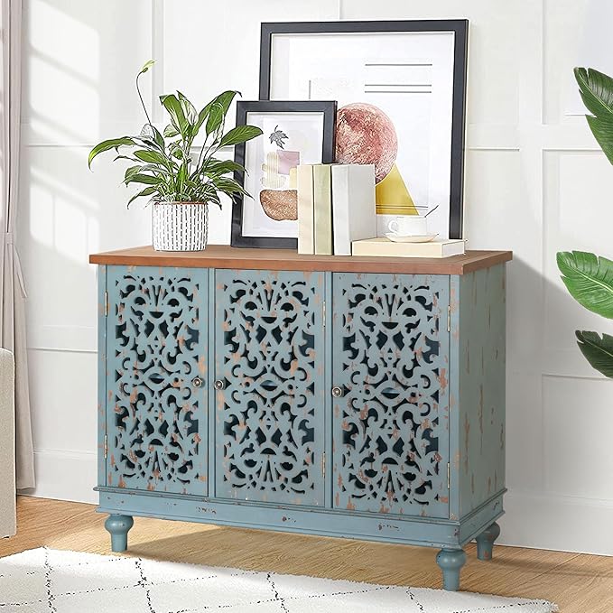 PHI VILLA Accent Cabinet with Doors - Buffet Sideboard Distressed Cupboard for Living Room/Dining Room/Hallway, Blue Storage Cabinet