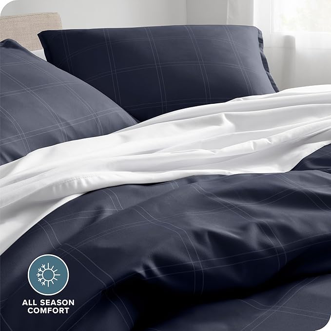 Bare Home Bedding Duvet Cover Set Queen Size - Premium 1800 Super Soft Collection - Lightweight, Duvet Cover - Soft Textured Bedding (Queen, Modern Plaid - Midnight Blue/White)