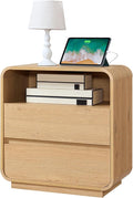 Modern Nightstand, 25" Tall Wood Bedside Table with Charging Station, 2 Storage Drawers Side Table, Large End Table Night Stand for Bedroom, Office, Sofa, Curved Profile Design, Natural