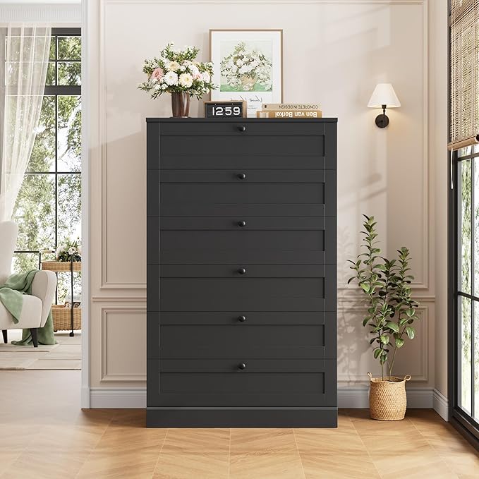 HOSTACK 6 Drawer Dresser for Bedroom, 52" Tall Dresser & Chest of Drawers, 29" W Wood Drawer Chest, Modern Vertical Storage Cabinet for Living Room, Entryway, Hallway, Black
