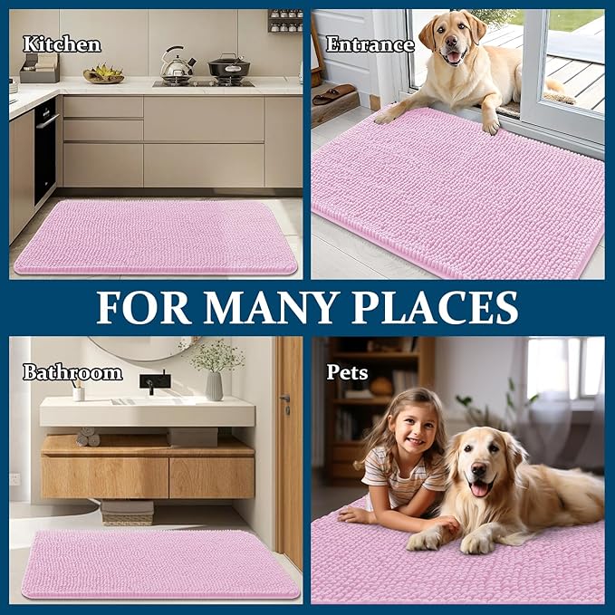 OLANLY Dog Door Mat for Muddy Paws 47x20, Absorbs Moisture and Dirt, Absorbent Non-Slip Washable Doormat, Quick Dry Chenille Mud Mat for Dogs, Entry Indoor Entryway Carpet for Inside Floor, Pink