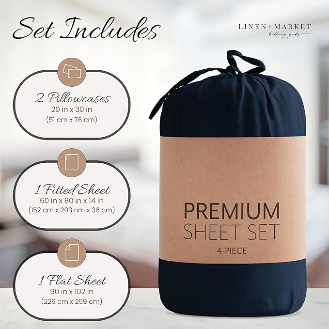 Linen Market Brushed Microfiber Queen Sheet Set 4 Piece – Oeko-TEX Certified Ultra Soft & Wrinkle-Free - 16" Deep Pocket Sheets - Easy Care Queen Size - Navy