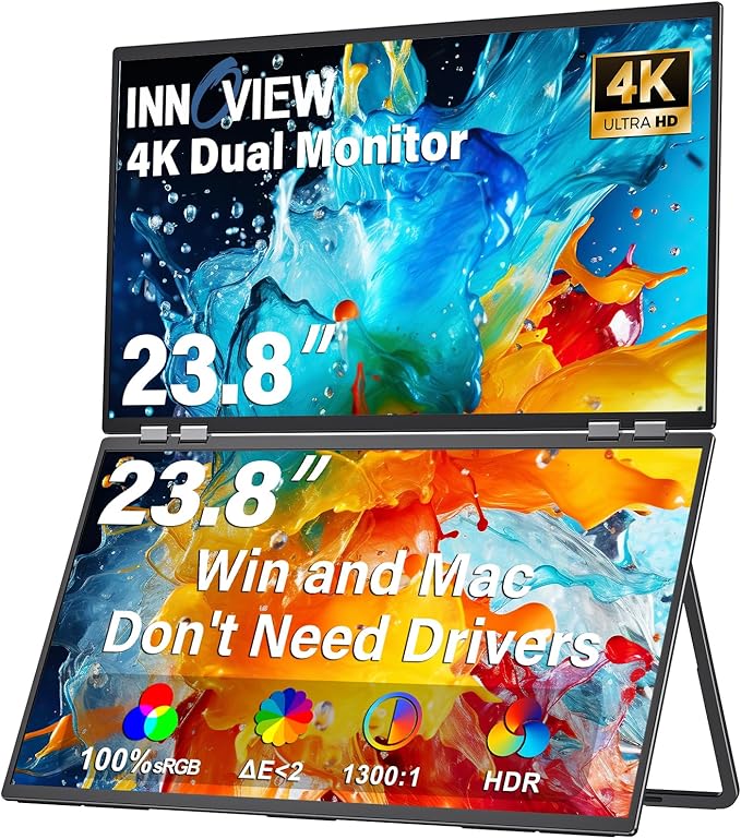 InnoView 23.8" Dual Portable Monitor 100% sRGB 3840x2160P 4K 315°Adjustable Dual Stacked Foldable Monitor Built-in Speakers Screen Extender with HDMI/USB-C/DP for Laptop Windows Mac