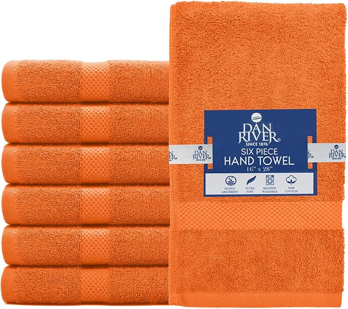 DAN RIVER 6-Pack Premium Hand Towels (16x28 Inches) - 100% Cotton, Ultra Soft, Lightweight, Highly Absorbent Towels for Bathroom, Spa, Gym, Salon, Hotel, and Travel - 550 GSM – Orange