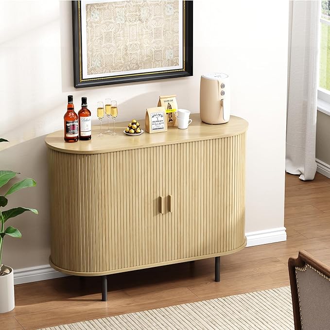Buffet Cabinet with Storage, Fluted Sideboard Buffet with Sliding Door, Coffee Bar Cabinet with Adjustable Shelf, Console Table, Accent Table for Entryway, Kitchen (Oak, 40 Inch)