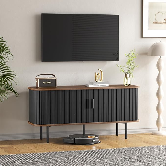 55''W Black Cabinet with Storage, Media Console, Tambour TV Stand, Television Stands with Curvy Edge; Sliding Door, Fluted Cabinet, Buffet Sideboard, Credenza, Table Stand for Living Room, Kitchen