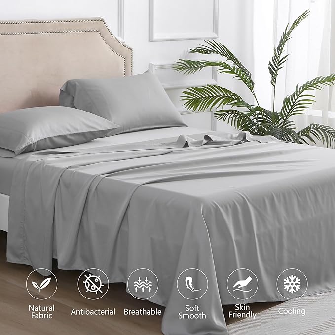 Linen World Lyocell Cooling Bed Sheets Set Queen Size,100% Organically Grown Viscose Sheets,Deep Pocket Up to 16",4 Pieces Silky Soft,Breathable Bedding Sheets & Pillowcases(Light Gray,Queen)