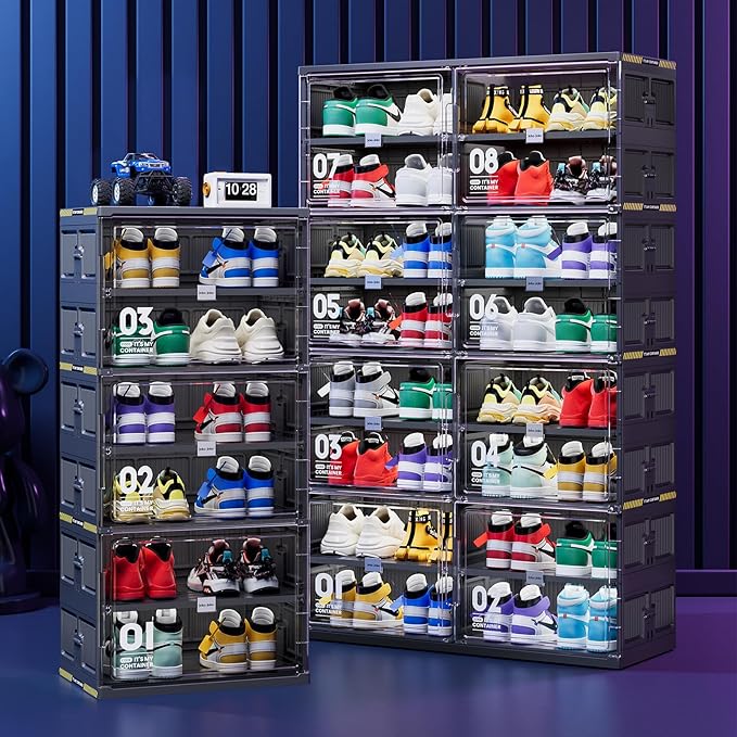 JEKO&JEKO 10-Tier Double-Column Foldable Shoe Storage Cabinet with Magnetic Doors, Large Collapsible Shoe Rack Organizer for Entryway, Fits Up to 40 Pairs, Black