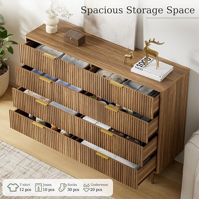LYNSOM Fluted Dresser and Nightstand Sets 3 Piece, 9-Drawers Dresser and 1-Drawer Nightstands Set of 2, Wood Bedroom Furniture Set for Home, Bedroom, Hallway, Walnut